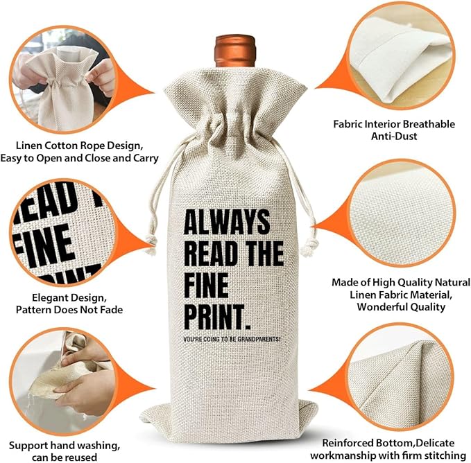 Grandparents Gifts Wine Bag,Baby Announcement Wine Gift Bags Gift For New Grandpa Grandma Grandparents Aunt Uncle, Baby Announcement Cotton Burlap Wine Bag