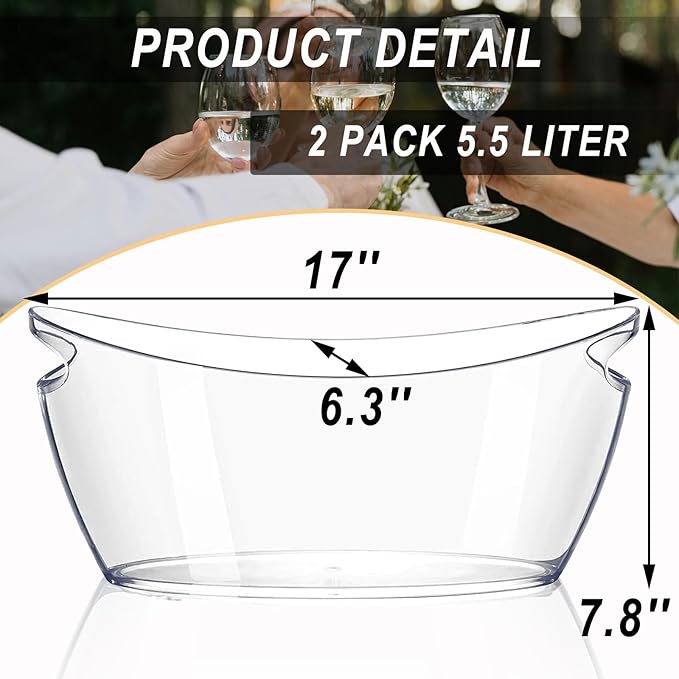 Cheardia 2 Pack Ice Bucket, Acrylic Champagne Bucket 5.5L Beverage Tub for Parties, Mimosa Bar Supplies, Cocktail Bar, Champagne, Beer, Wine, Clear, Long and Narrow