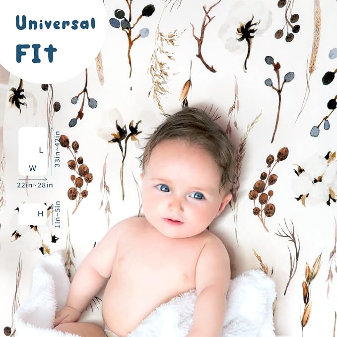 GRSSDER Stretchy Ultra Soft Jersey Knit Fitted Pack n Play Sheets Set 2 Pack, Neutral Portable/Mini Cribs Sheets, Fit Playards Mattress Pads Safe and Snug, Stylish Pretty Flora for Baby, Beige