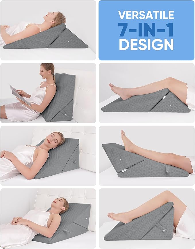 Forias Wedge Pillow for Sleeping 9 &12 Inch Adjustable Bed Wedge Pillow for After Surgery Foldable Memory Foam Triangle Pillow Wedge for Acid Reflux Snoring Post Surgery Back Leg Knee Pain - Gray