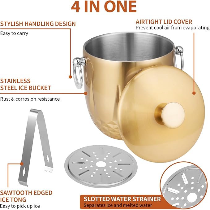 Ice Bucket with Lid, 3L Double Wall Stainless Steel Ice Bucket Keeps Frozen Longer, Insulated Ice Bucket with Tong and Strainer, Perfect for Parties, Cocktail bar, Wine, Champagne, Gold