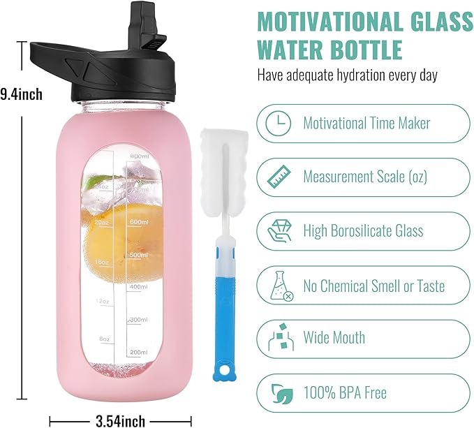 CIVAGO 32 oz Glass Water Bottle with Straw and Handle, Large Sports Motivational Water Bottle Flask with Time Marker and 2 Lids, Leakproof Water Jug Canteen with Silicone Sleeve for Gym,Pink