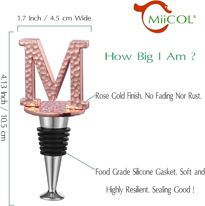 Miicol Wine Bottle Stopper, Prosecco Stopper, Rose Gold Wine Stopper, Personalised Champagne Stopper, Initial Wine Stopper, Funny Prosecco Gift, Wine Lovers Gift, Letter M