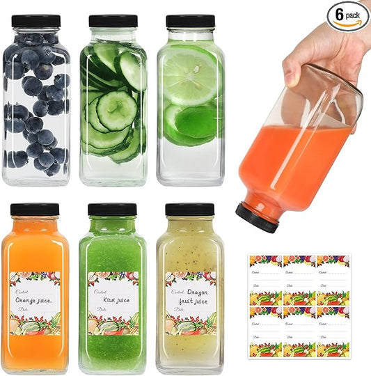 16 oz Juicing Bottles Reusable Glass 6 Pack, Square Glass Juice Bottles with Lids & Stickers,Clear Empty Glass for Beverages, Jams, Kombucha, Milkshakes,Oils or Spices(16fl.oz,set of 6)