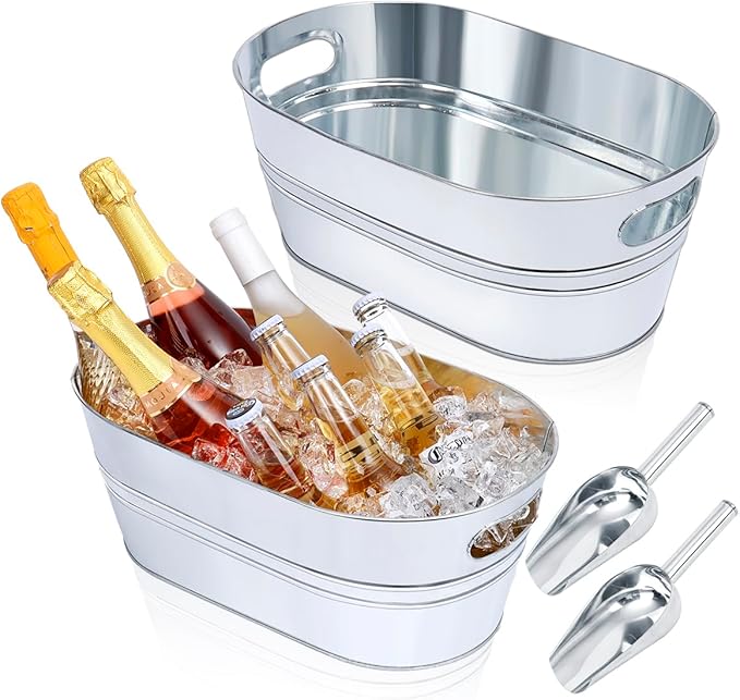 Galvanized Tub 2 Pcs 3 Gallon Metal Beverage Ice Buckets for Parties Drink Wine Beer Champagne Vintage Tin Large Buckets with Scoops for Cocktail Mimosa Bar Supplies