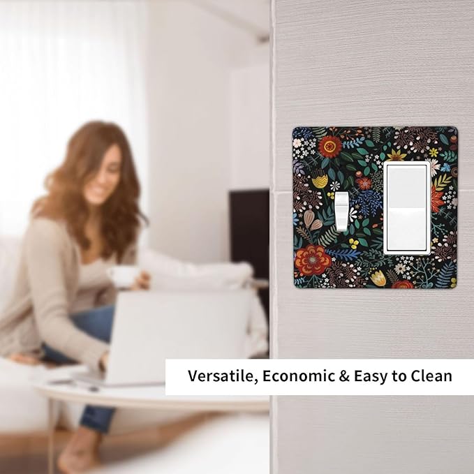 Vintage Colorful Flower Boho Floral Rustic Dark Leaves 2 Gang Single Toggle Rocker Combination Light Switch Covers Wall Plate Cover Electrical Faceplate Decorative Switchplate for Farmhouse Bedroom