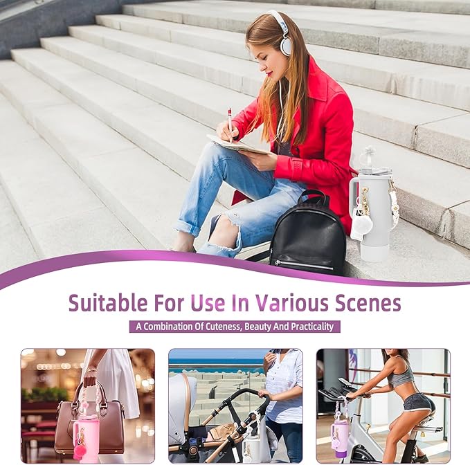 Stanley Cup Accessories Set Including 1 Pcs Water Bottle Handle Strap, 1 Pcs Siliocne Straw Cover, 1 Pcs Siliocne Stanley Cup Boot, 3 Pcs Stanley Charms for Stanley Cup 40oz & 30oz Tumbler - Purple