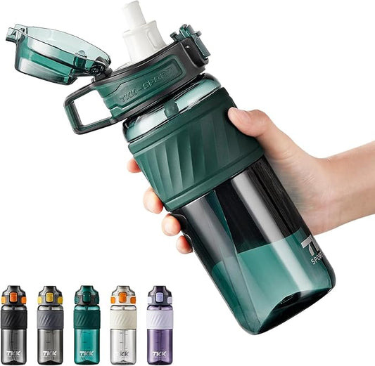 TKK 20oz Sports Water Bottles with Removable Straw Durable BPA Free Tritan Bottles Leak-Proof Water Bottles for School, Fitness, Gym, Outdoor, Green