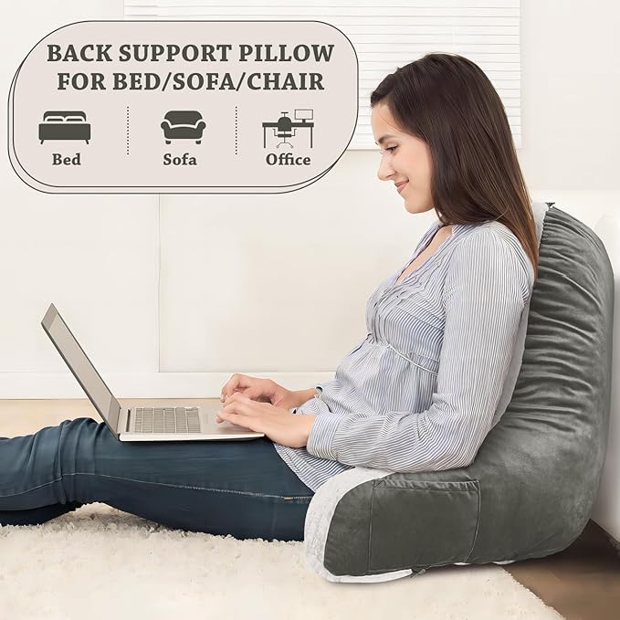LOVTEX Reading Pillow with Removable Cover, Back Pillow for Sitting Up in Bed with Arms and Pockets, Sherpa Bed Rest Pillow Adult, 20 x 15 Inches(Dark Grey and White)