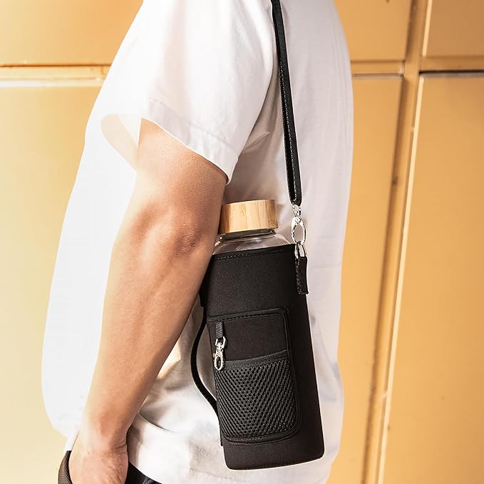 48 oz Sports Borosilicate Glass Water Bottle with Bamboo Lid with Neoprene Sleeve