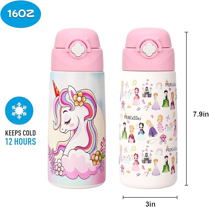 Kids Insulated Water Bottle with Covered Pop-Up Straw,16oz Kids Cups with Stainless Steel Leak Proof for School Boys Girls（2PCS,UNICORN+RAINBOW）