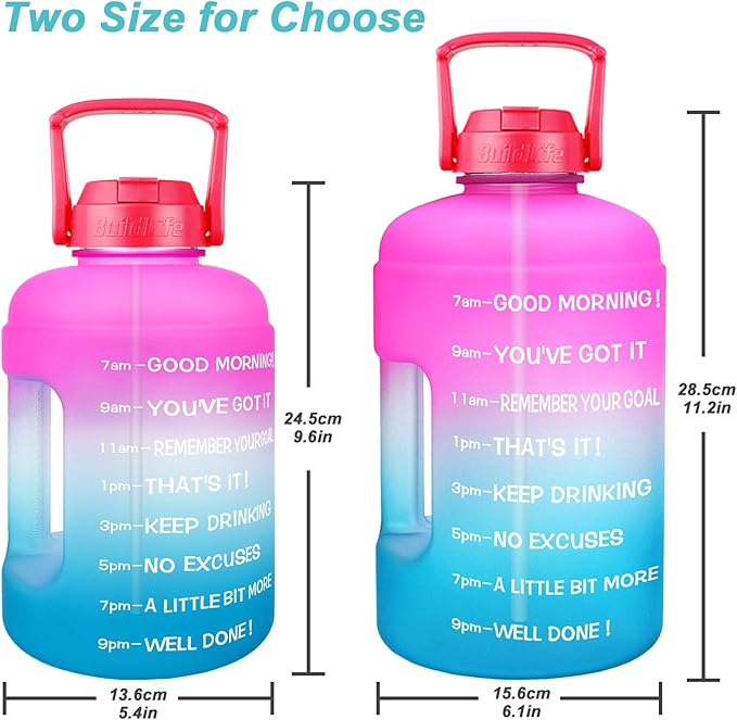 QuiFit Half Gallon Water Bottle - with Straw & Motivational Time Marker Leak-Proof BPA Free Reusable Gym Sports Outdoor Large(73OZ) Capacity Water Jug(Pink/Blue Gradient,Half Gallon)
