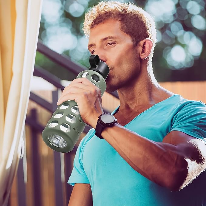 MUKOKO Glass Water Bottles, 24oz Glass Tumbler, Drinking Bottles with 2 Lids-Handle Flip Straw Lid&Bamboo Lid, Motivational Water Bottle with Time Marker and Silicone Sleeve, Leakproof-1 Pack-Olive