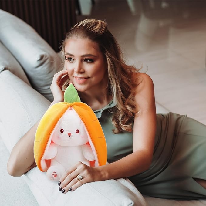 Novelty Bunny Stuffed Animal - Reversible Cuddle Bunny Plush Doll with Zipper Cute Soft Rabbit Toys Pillow for Kids and Adults Easter Bunnies Plushies Gifts (Yellow-Carrot,9.8 inch)