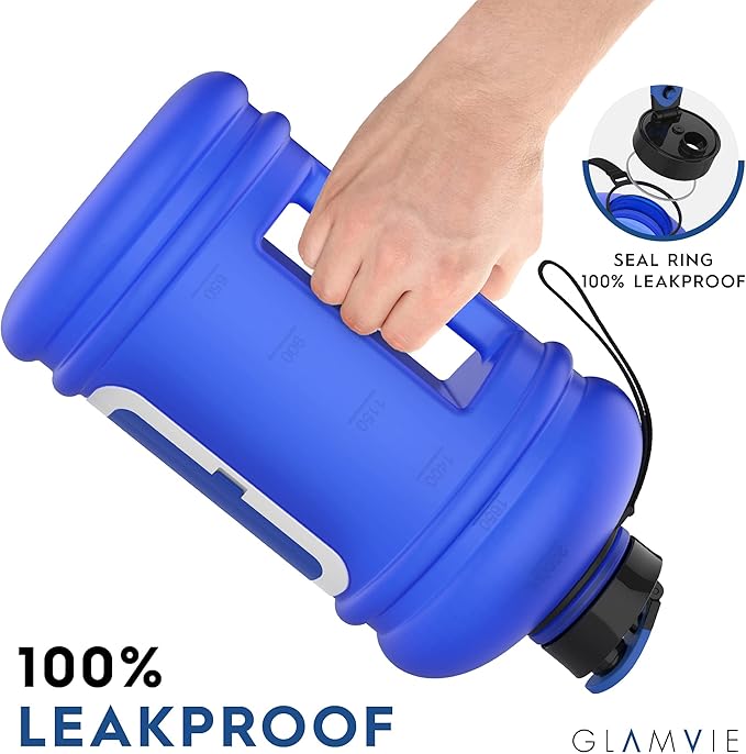 Sports Water Bottle 73OZ Half Gallon with Handle Big Reusable Water Jug 2.2L for Sport & Fitness with Built-In Storage Case for Cash & Cards | Eco Friendly & BPA Free | Matte Blue