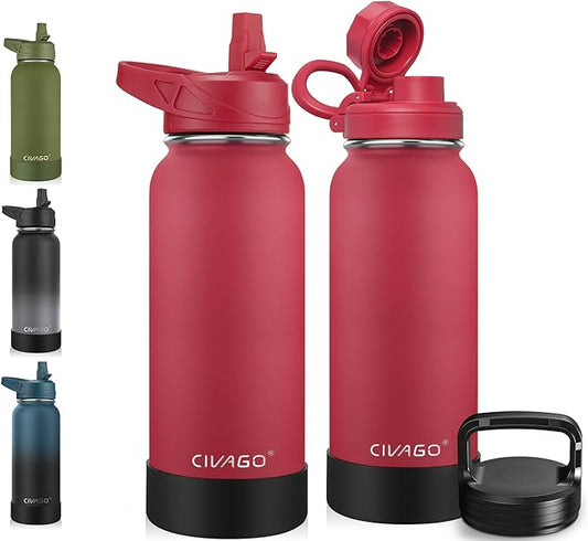 CIVAGO 32 oz Insulated Water Bottle With Straw, Stainless Steel Sports Water Cup Flask with 3 Lids, Wide Mouth Travel Thermal Mug, Red