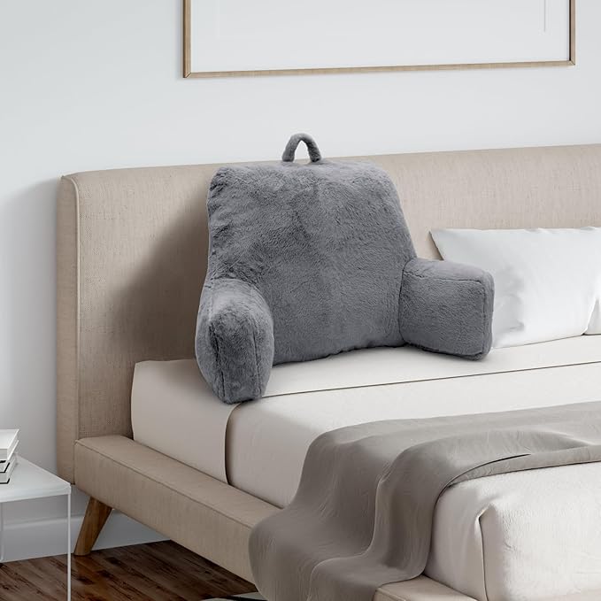 Reading Pillow Large Bed Pillow,Backrest with Arms, Back Support for Sitting Up in Bed, Couch for Lounging Bedrest,Grey
