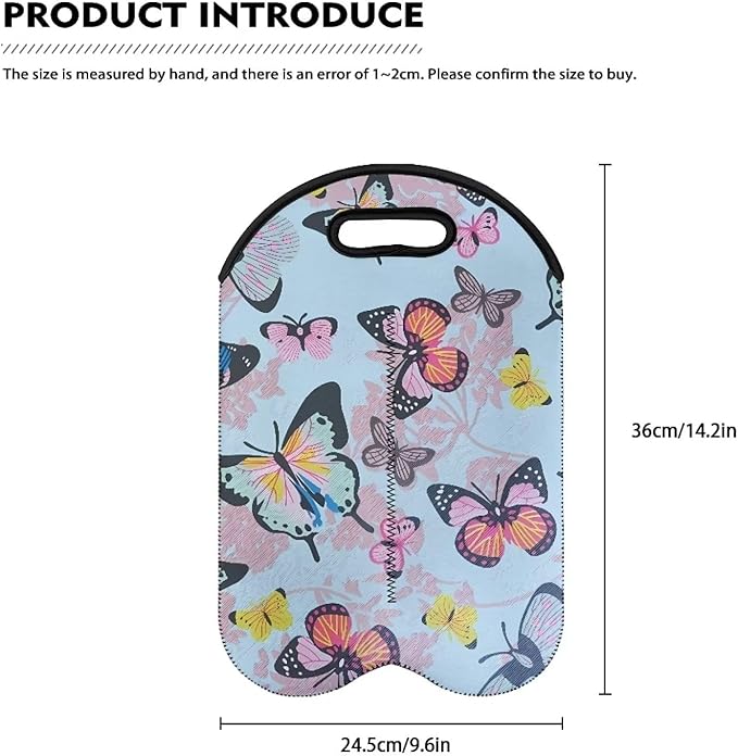 doginthehole 2 Bottle Wine Carrying Bag Butterfly Print Wine Carrier Tote Bag for Travel Wine Bottle Holder with Handle Reusable Champagne Bottle Protective Sleeve Pouch for Travel Picnic