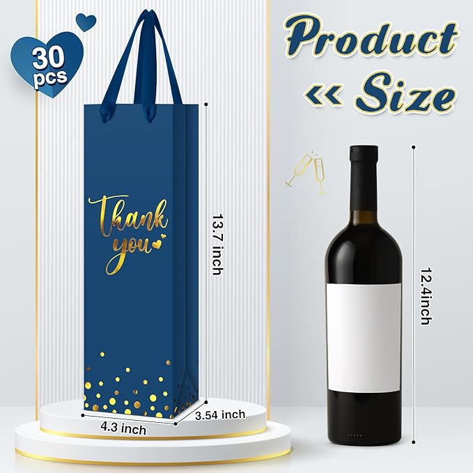 Ctosree 30 Pcs Wine Gift Bag for Wine Bottle Wedding Wine Thank You Gift Bag with Metallic Gold Foil Print Kraft Wine Paper Favor Bag with Attractive Rope Handle for Graduation Bottle(Business Blue)
