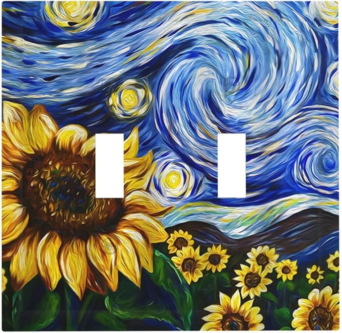 Vintage Abstract Blue Starry Sunflower Double Toggle Light Switch Covers 2 Gang Wall Plate Dual Decorative Switchplate Electrical Faceplate for Farmhouse Country Bedroom Decor