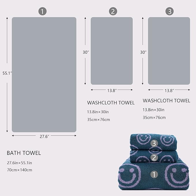 Luxury Cute Smiling Face Purple Green Bath Towel Sets for Bathroom, 1 Bath Towels 2 Hand Towels Washcloths 100% Cotton Ultra Soft Highly Absorbent for Women Kids Girl Boy Face Body