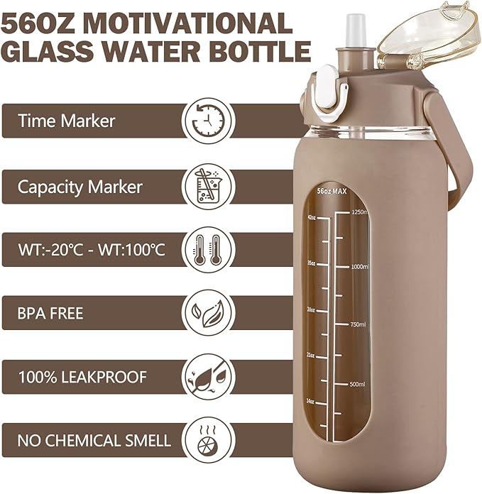 kytffu 56oz Glass Water Bottles with Straw, Motivational Glass Bottle with Silicone Sleeve and Time Marker, Leakproof Large Glass Water Jug for Gym Home Office,Amber
