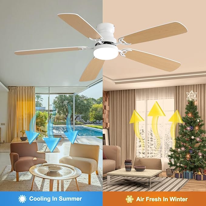 NicBex Ceiling Fan 52 Inch Indoor Modern Ceiling Fans with LED Light and Remote Control 6 Wind Speed Ceiling Fan with 5 Blades and Double Finish for Living Room, Bedroom, White