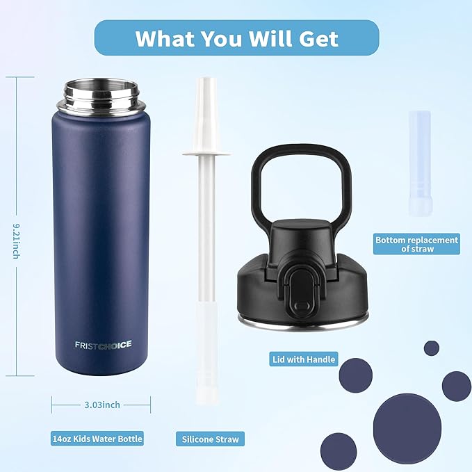 Insulated water bottle with Straw,24oz Stainless Steel Water Bottle for Adult Kids,Double Wall Vacuum Wide Mouth Insulated Water Bottle for Sports,BPA-free and Leak-proof（24oz,Navy blue）