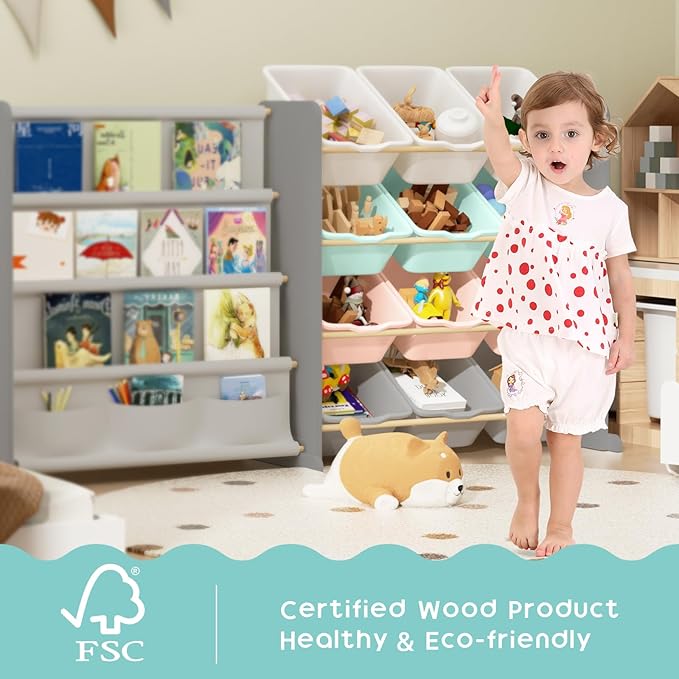 Kids Toy Storage Organizer - Toy Organizer with Kids Bookshelf, Toy Storage with 12 Toy Multi-Color Bins and 4 Book Shelves, Toy Organizers and Storage for Playroom, Nursery, Kids Room, Grey