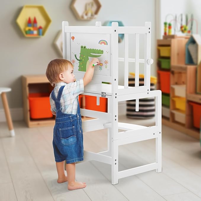 COSYLAND 3-in-1 Multifunctional Toddler Standing Tower, Kids Kitchen Step Stool with Whiteboard, Desk Table and Chair, Enjoys Unique Patented Design,FSC,CPC,SOR,CE,White