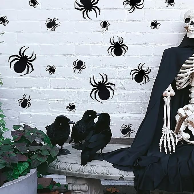 Halloween Wall Stickers 24Pcs Spider Wall Decor 3D Self Adhesive Halloween Wall Decals Horror Black Spiders Wall Decorations Reusable Window Stickers for Halloween Party Home Room Art DIY Accessories