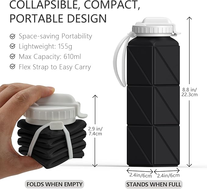 Collapsible Water Bottles, Silicone Foldable Portable Water Bottle 610ml, Lightweight Reusable Leakproof for Travel Camping Hiking Cycling Yoga Sports Outdoor