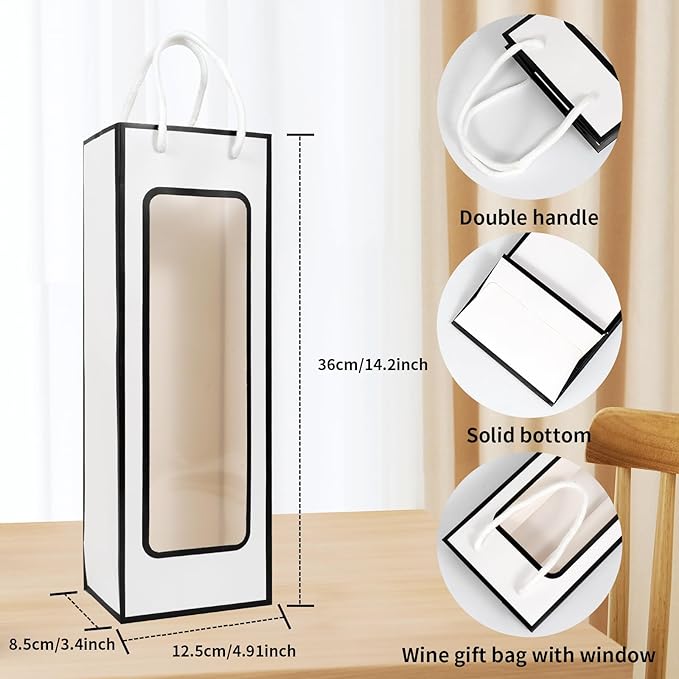 Cyblinia 20 Pack Kraft Paper Wine Bags with Window Wine Gift Bags 14.2 x 4.9 x 3.4 Inch Wine Bottle Bags with Handles Shopping Bags for Christmas, Birthday,Wedding