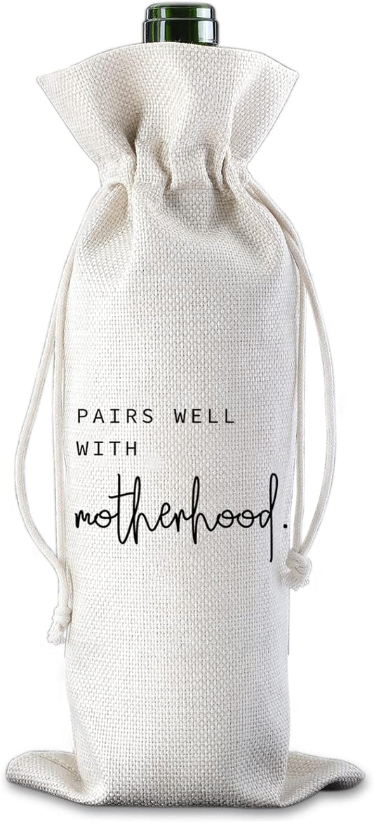 Pairs Well with Motherhood Wine Bag New Mom Gift New Baby Gift Mommy Gifts Mom Wine Bag Mother's Day Gift Drawstring Wine Bag