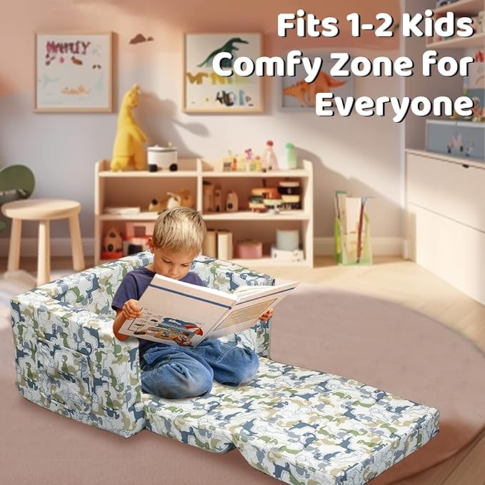 Kids Sofa, Children's 2 in 1 Convertible Sofa to Lounger - Extra Soft Flip Open Chair & Sleeper, Cute Dinosaur Print Toddler Chairs Kids Couch for Kids Girls Boys
