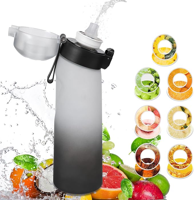 Water Bottle with Flavor Pods 21.9 Oz/650ml Fruit Fragrance Water Bottle Recyclable Sports Air Water Cup Scented Pods for Outdoor (White Black)