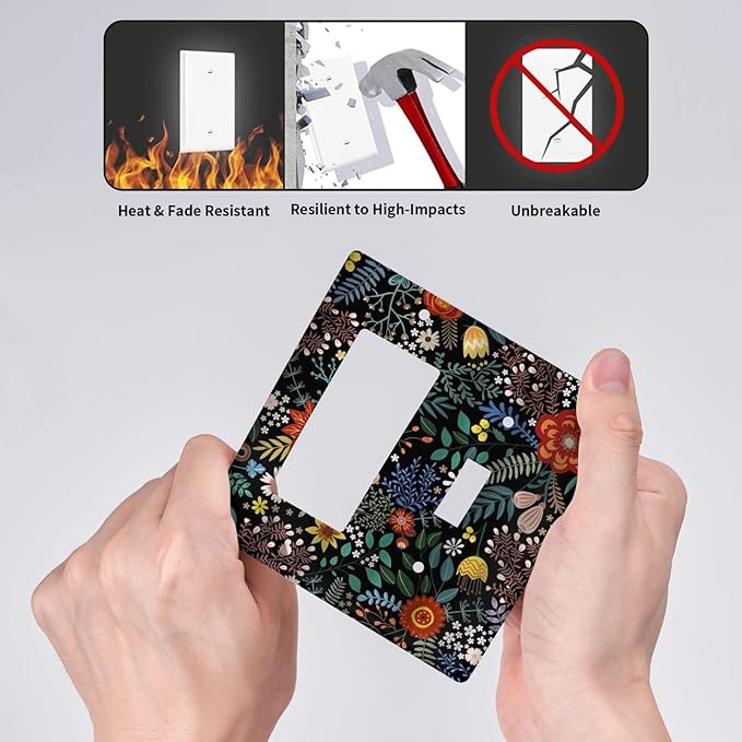 Vintage Colorful Flower Boho Floral Rustic Dark Leaves 2 Gang Single Toggle Rocker Combination Light Switch Covers Wall Plate Cover Electrical Faceplate Decorative Switchplate for Farmhouse Bedroom