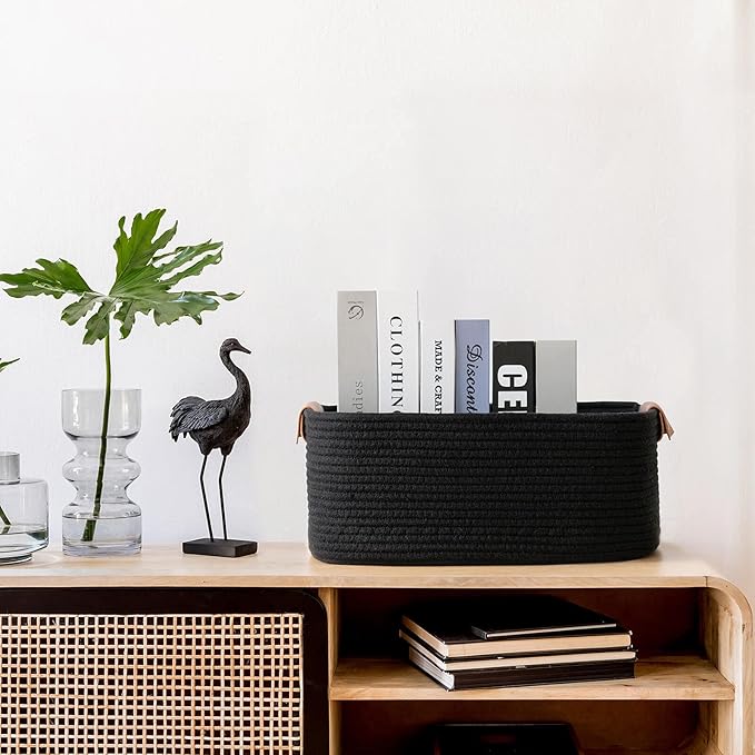 CHICVITA Rectangle Cotton Rope Woven Basket with Handles for Books, Magazines, Toys - Decorative Rectangle Basket for Baby Nursery, Living Room, Bathroom, Black