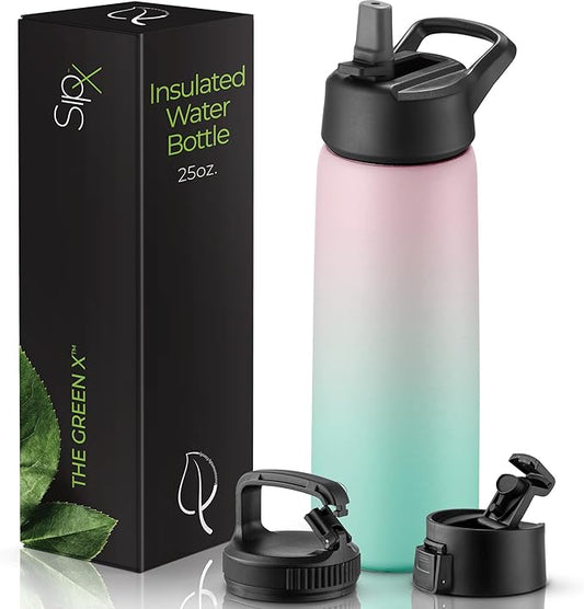 SipX™ Triple-Insulated Stainless Steel Water Bottle 25oz. With 3 Lids, BPA-Free Reusable Insulated Water Bottle Keeps Cold 24 Hours, Metal Water Bottle Made Of Sustainable Material For Hiking & Biking