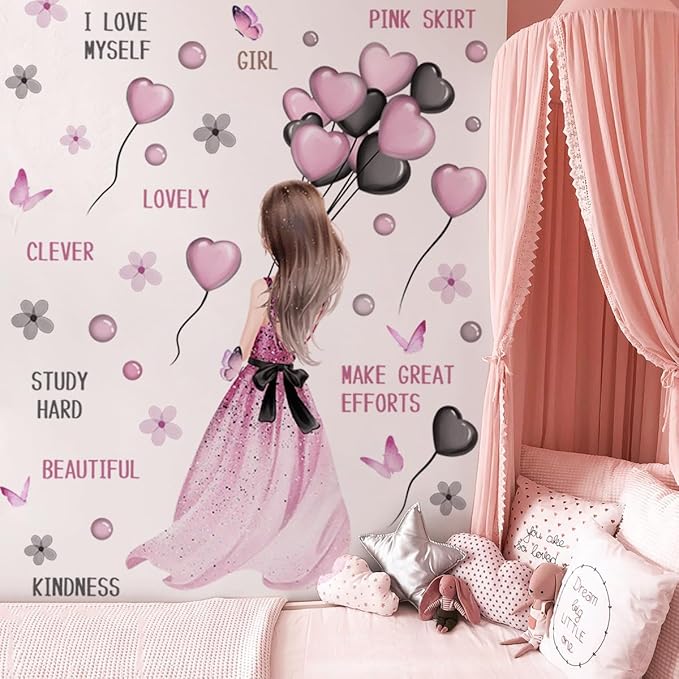 Girly Wall Decals - Pink Dress & Balloons Design, 90cm x 35.43cm, Perfect for Kids' Room