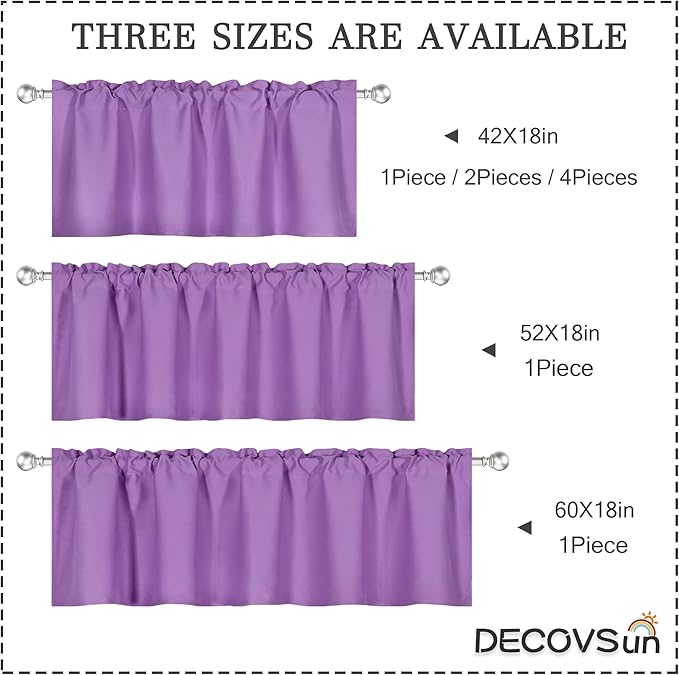 Light Purple Valance for Windows 52x18 Inch Solid Thermal Insulated Blackout Rod Pocket Kitchen Short Curtain Toppers Valance for Bathroom Living Room, Lilac Lavender
