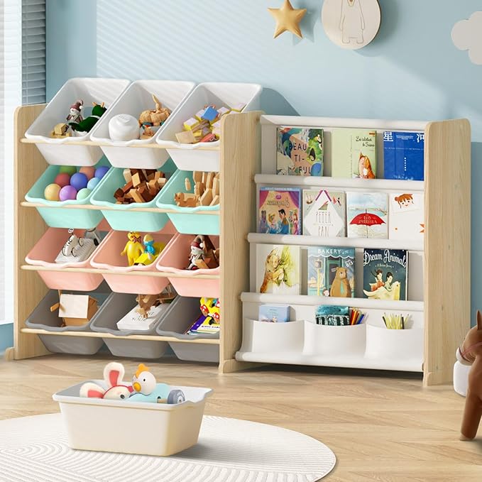 Kids Toy Storage Organizer - Toy Organizer with Kids Bookshelf, Toy Storage with 12 Toy Multi-color Bins and 4 Book Shelves, Toy Organizers and Storage for Playroom, Nursery, Kids Room, Burlywood
