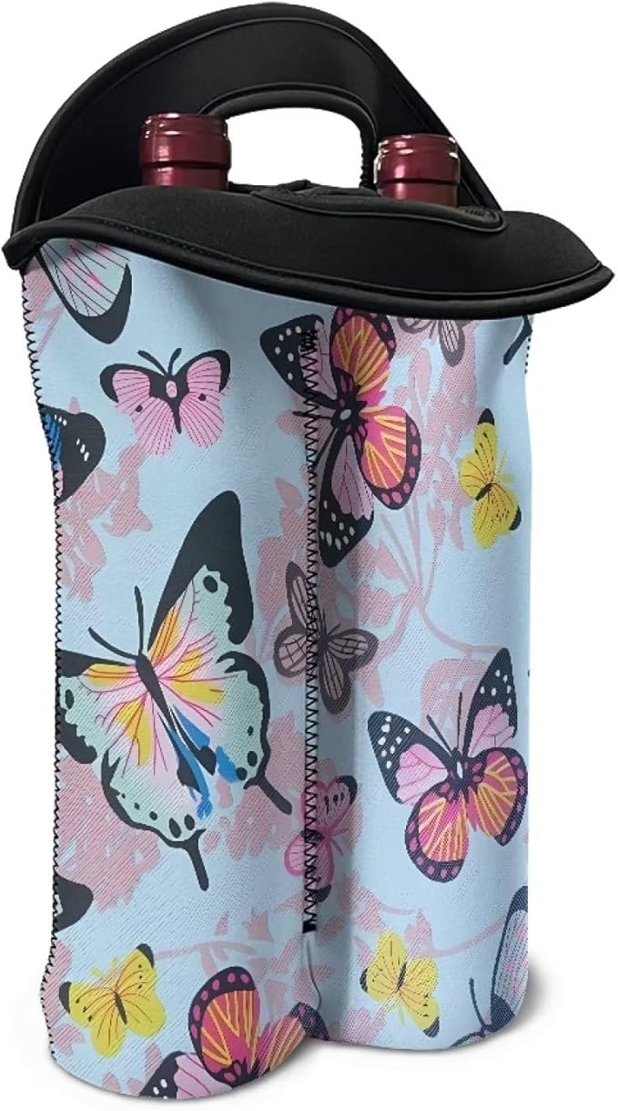 doginthehole 2 Bottle Wine Carrying Bag Butterfly Print Wine Carrier Tote Bag for Travel Wine Bottle Holder with Handle Reusable Champagne Bottle Protective Sleeve Pouch for Travel Picnic