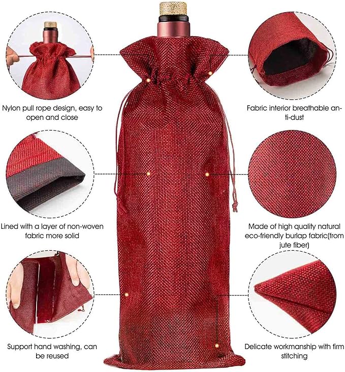 HOMUM 12 Pcs Premium Burlap Wine Bags, Wine Gift Bags with Drawstrings - Reusable Wine Bags, Wine Bottle Bags for Weddings, Parties, Blind Tastings, Christmas, Birthdays, Housewarming, Home Storage (Red)