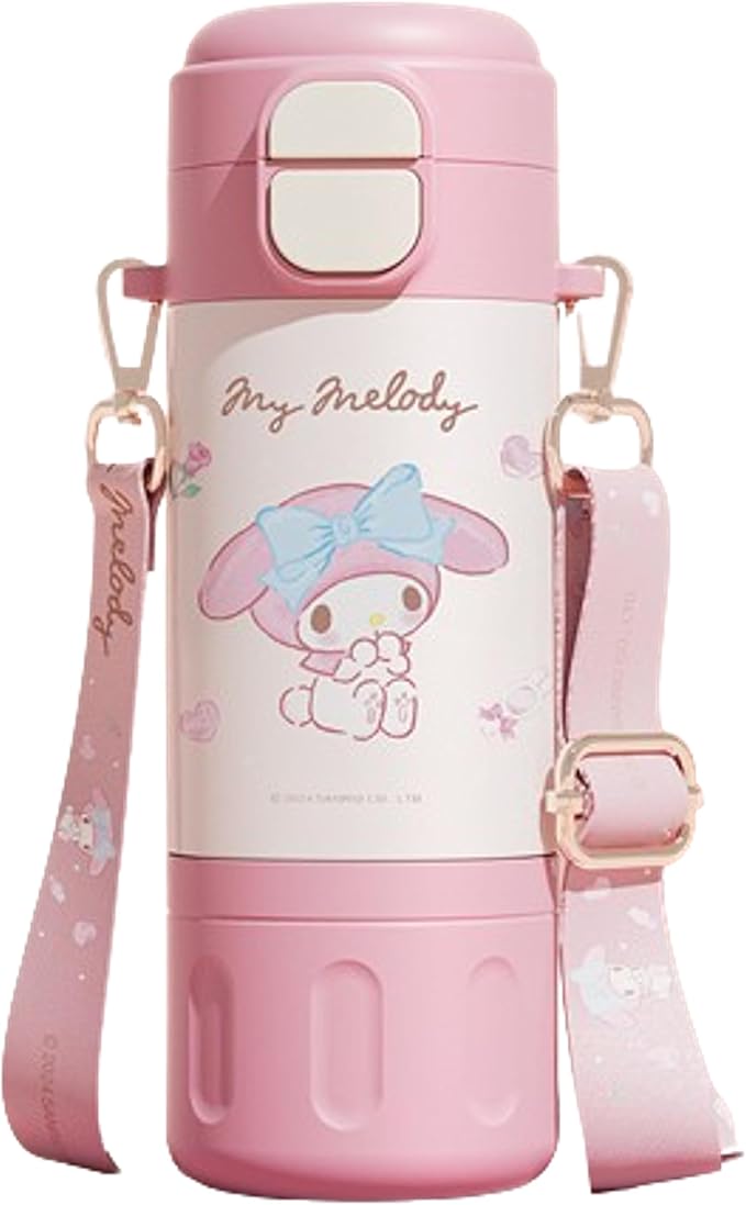 Melody Stainless Steel Insulated Water Bottle with Strap (Spout & Straw) 480ml - Pink