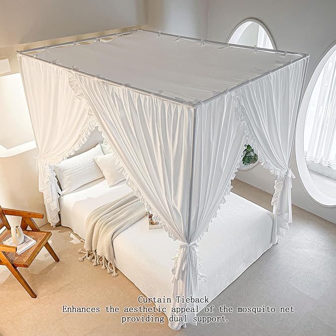 AIKASY Princess Canopy Bed Curtains with Top Ties - Windproof & Lightproof for Girls' Adult Bedroom Decor | Bed Canopy Drapes (Queen,White)