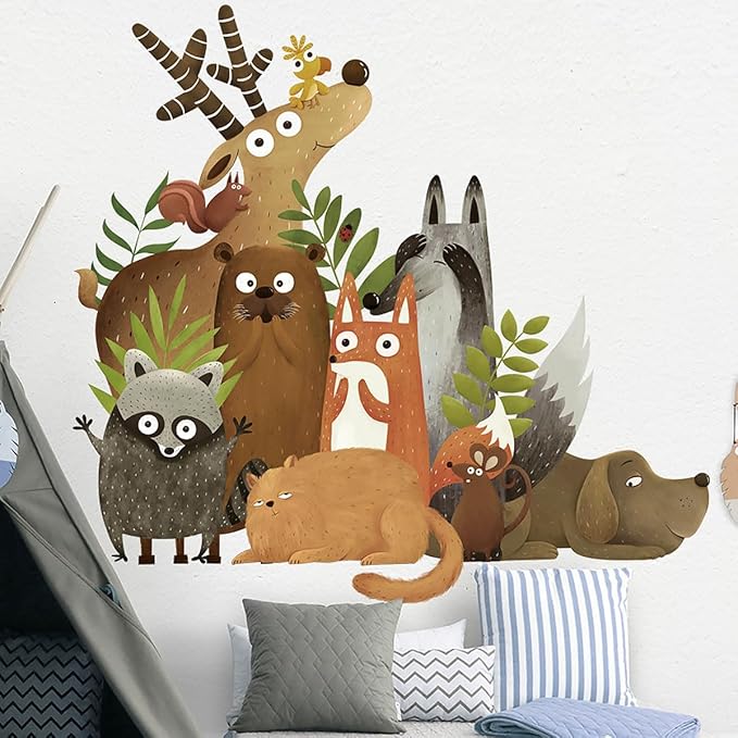 Jungle Animals Wall Decals Woodland Animal Wall Sticker Elk Dog Squirrel Civet Cat Wall Stickers Kids Room Baby Nursery Bedroom Door Wall Decor