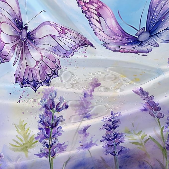 AILONEN Beautiful Butterfly Shower Curtain for Kids Girls Boys, Flying Butterfly Bath Curtains for Bathroom,Blossoming Lavender Flowers Shower Curtain Set with Hooks,48" W*72" H