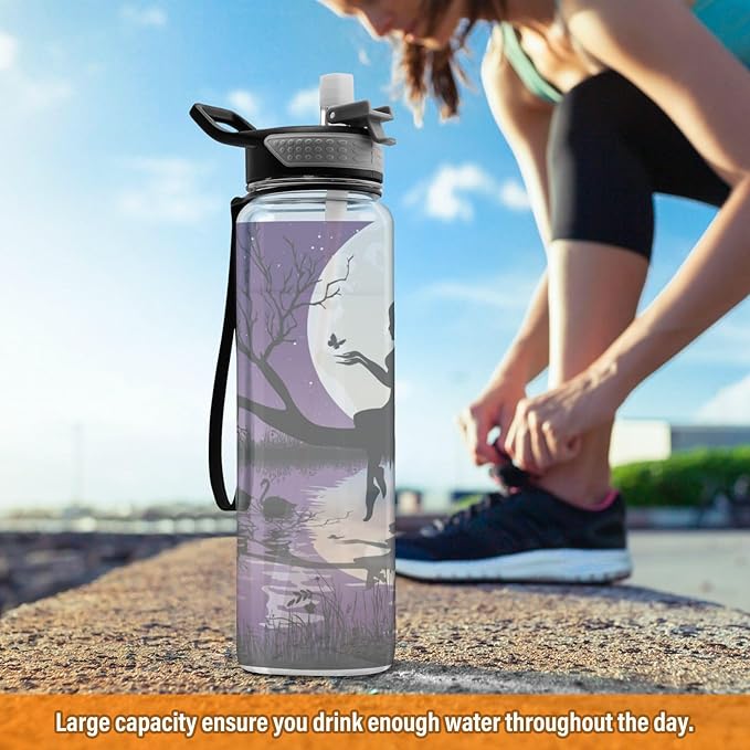 Kigai Beautiful Fairy Clear Water Bottle with Straw Lid, BPA-Free Leakproof Sport Water Bottle 32oz Large Gym Water Jug for Men Women Travel Fitness Outdoor