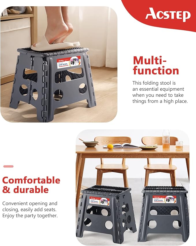 ACSTEP 13" Folding Step Stool- Holds up to 300Lb,The Lightweight Non-Slip Upgrade Collapsible Stepping Stool is Sturdy Enough to Support Adults and Safe Enough for Kids(Grey,1 Pack)
